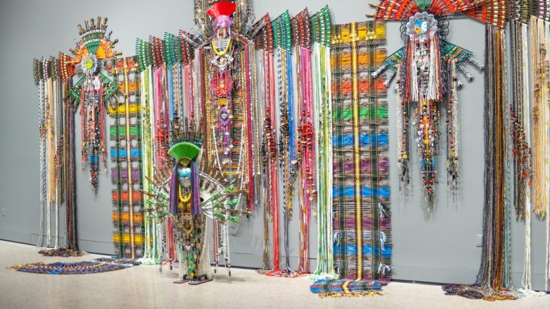  Anne Samat's "No Place for Beginners or Sensitive Heart #3," 2021 (detail); rattan sticks, kitchen and garden utensils, beads, ceramic, metal, and plastic ornaments; 105 x 50 x 6 inches