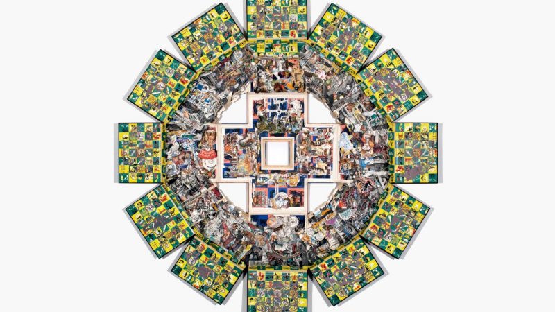 Brian Dettmer's "First to Pass Through," a circular work made out of hardcover books. The piece has 12 sections along the outer ring, in reference to 12 hours on a clock or 12 months in a year.
