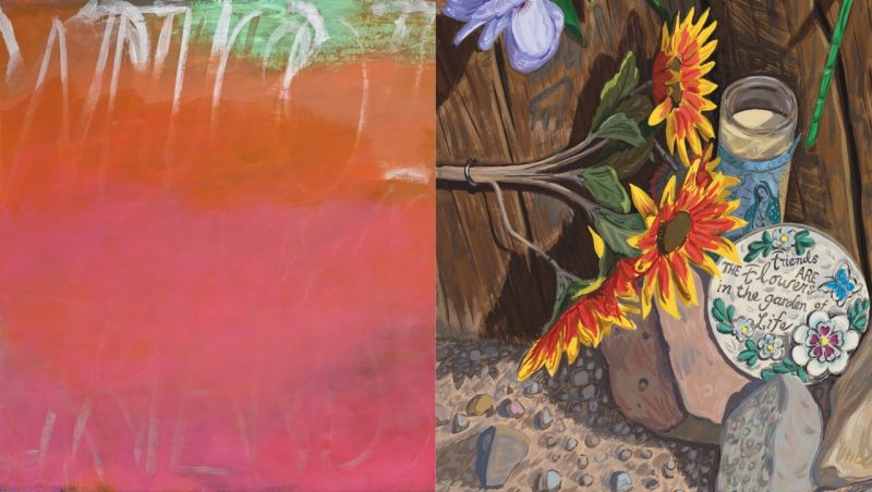 A composite image of works by Dana Frankfort and Josephine Halvorson. Frankfort's work, at left, is a wash of pink and orange tones, the white outline of text faint towards the top of the composition. The word is hard to make out. Halvorson's work, at right, depicts a makeshift memorial with a small bouquet of sunflowers, a prayer candle, and a clay medallion that reads "Friends are the flowers in the garden of life"