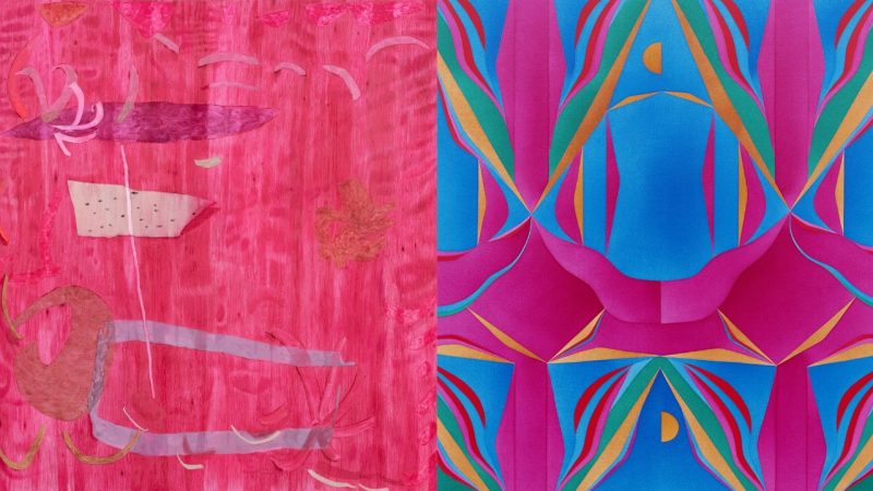 grill-ogden_work-composite A composite image of works by Clare Grill and Margaux Ogden. Grill's "Twist," 2024, at left, and Ogden's "Bathers (Phthalo Green, Magenta, Cyan & Red)," 2024 (detail)