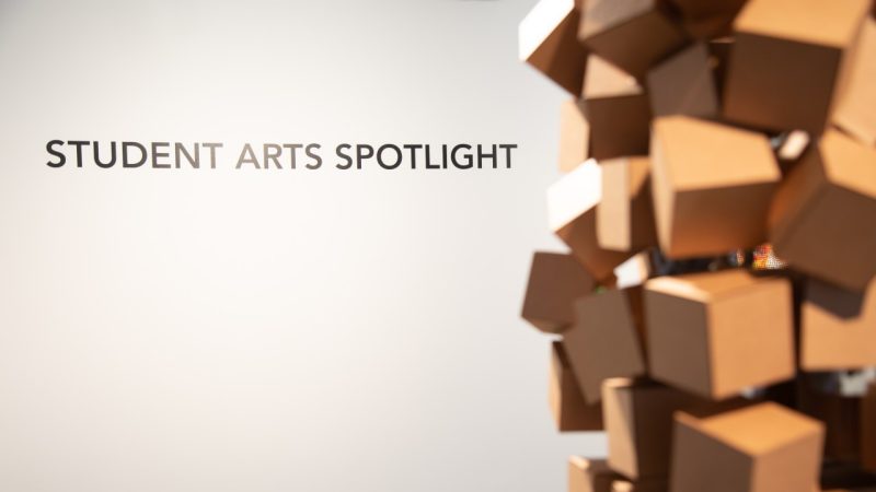  Black text on a white wall reads "Student Arts Spotlight." In the foreground, slightly out of focus, is a sculpture of wooden cubes stacked haphazardly on top of each other.