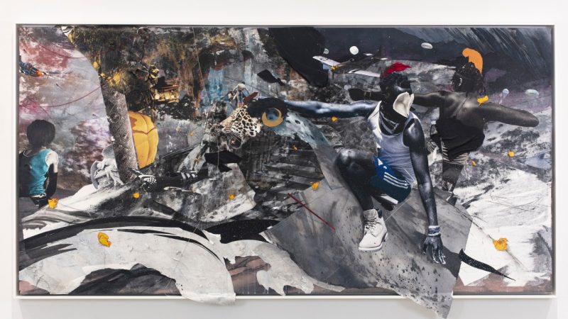 Shaunté Gates' "In the Light of the Hunt: The Night Begins to Shine," 2023, a collage that shows a Black man surfing a 3D element, a white heart covering his face, with other people and animals collaged around him.