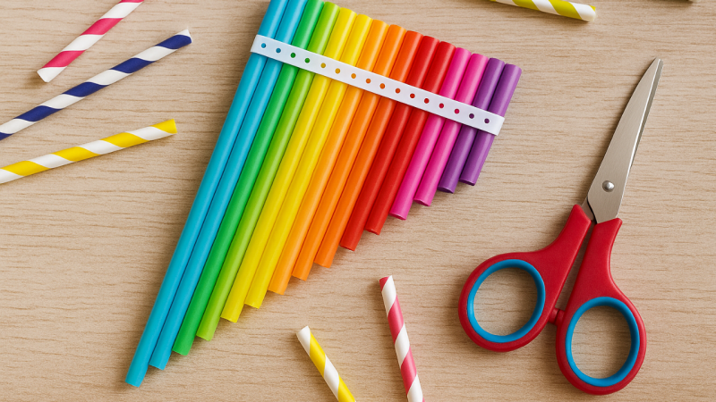 comm-music-project4 Rainbow colored plastic straws upcycled into a musical instrument with other straws and a pair of children's scissors nearby