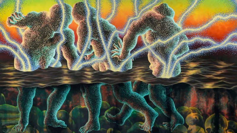 Didier William's "Recovery to Reconnaissance: Haiti to Miami," 2024, a painted and carved panel depicting three figures crossing waist-deep water, a pile of skulls beneath their feet, as lighting strikes them and the water.