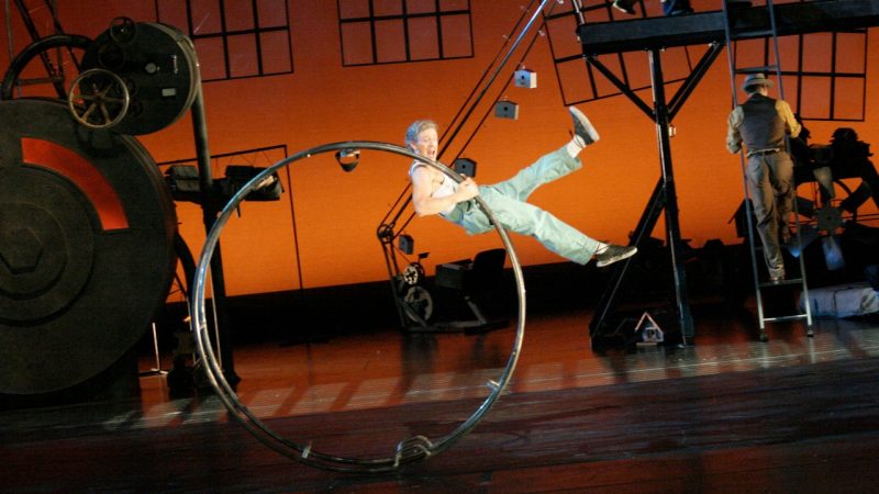  A man holds onto a metal circular object and kicks his feet out in the air.
