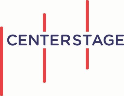  The logo for Center Stage. Three vertical red bars ascend from left to right. Purple text reading "CENTERSTAGE" flows through the second two. The background of the logo is white.