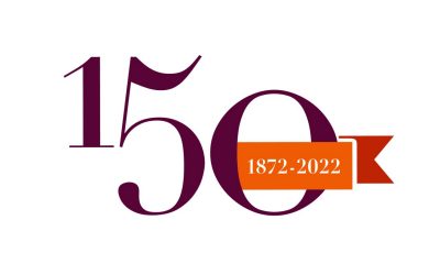  Virginia Tech's sesquicentennial logo, a maroom 150 in a serif font with an orange ribbon coming out of the zero, that reads 1872-2022 in white text.