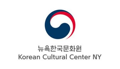  The logo for the Korean Cultural Center New York. At the top, a red and blue swooshing circle, and at a bottom, dark grey text with Korean characters and the English "Korean Cultural Center NY"