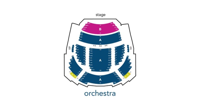   Seating chart of the Anne and Ellen Fife Theatre's orchestra level. The first four rows closest to the stage are pink. The last row in back is pink (ADA). All other rows are teal.