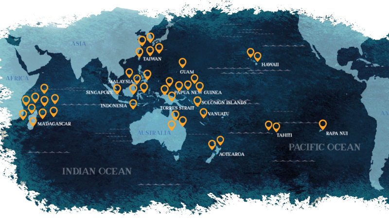 A map in different shades of blue and with yellow orange location markers indicate the homelands of the artists of "Small Island, Big Song"