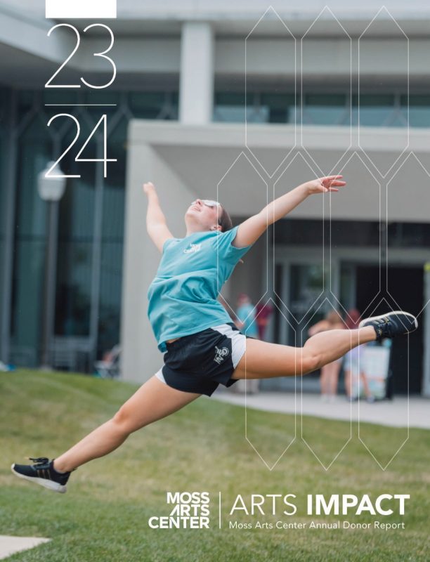 The cover of the 2023-2024 Moss Arts Center Arts Impact Annual Donor Report. A Virginia Tech student, a majorette, leaps into the air on the lawn in front of the center.
