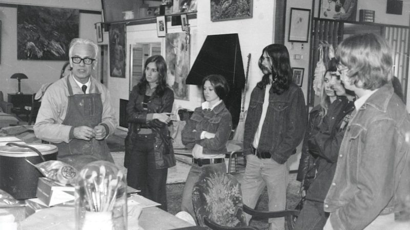 A visiting artist, invited to campus by Dean Carter in the 1970s, speaks with Virginia Tech students.