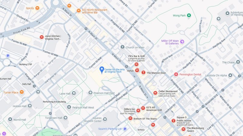 A map of the location of the Center for the Arts at Virginia Tech