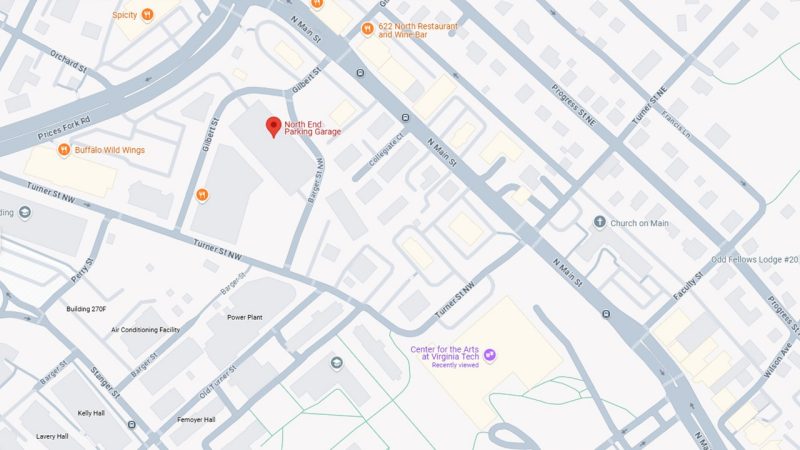 A map of the location of the North End Parking Garage, near the Center for the Arts at Virginia Tech