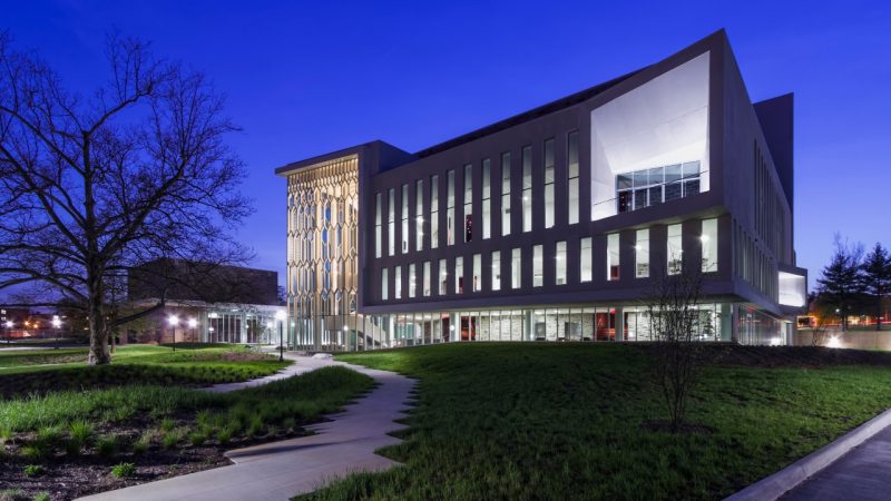 The exterior of the Moss Arts Center at Virginia Tech at dusk