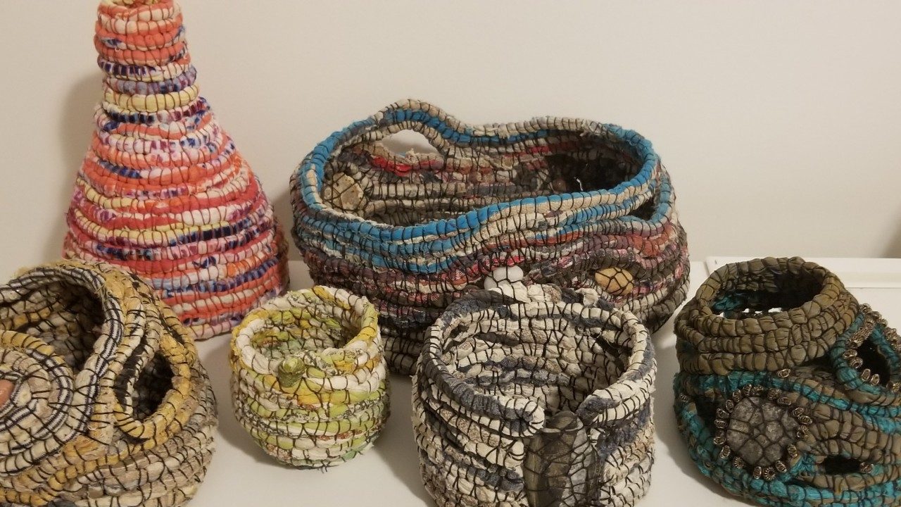  Several of Martha Olson's baskets made from rag rug.
