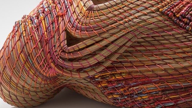Clay Burnette's "Slip and Slide," 2018 (detail); dyed and painted longleaf pine needles coiled with waxed linen thread; 6 x 11 x 13 inches; courtesy of the artist