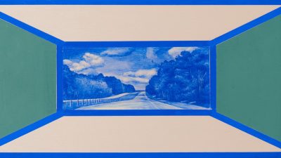  Namwon Choi, "Blue Distant (Sequences 3)," 2020; gouache and acrylic on panel; 6 x 48 inches; image courtesy of the artist. Choi's work features a small blue-toned landscape painting of a tree-lined road and clouds, the background of which is a pinky beige color, and the trim is a royal blue and moss green. Choi employs geometric shapes and clean lines around the outside of her small landscape paintings, which are done in varying shades of blue.