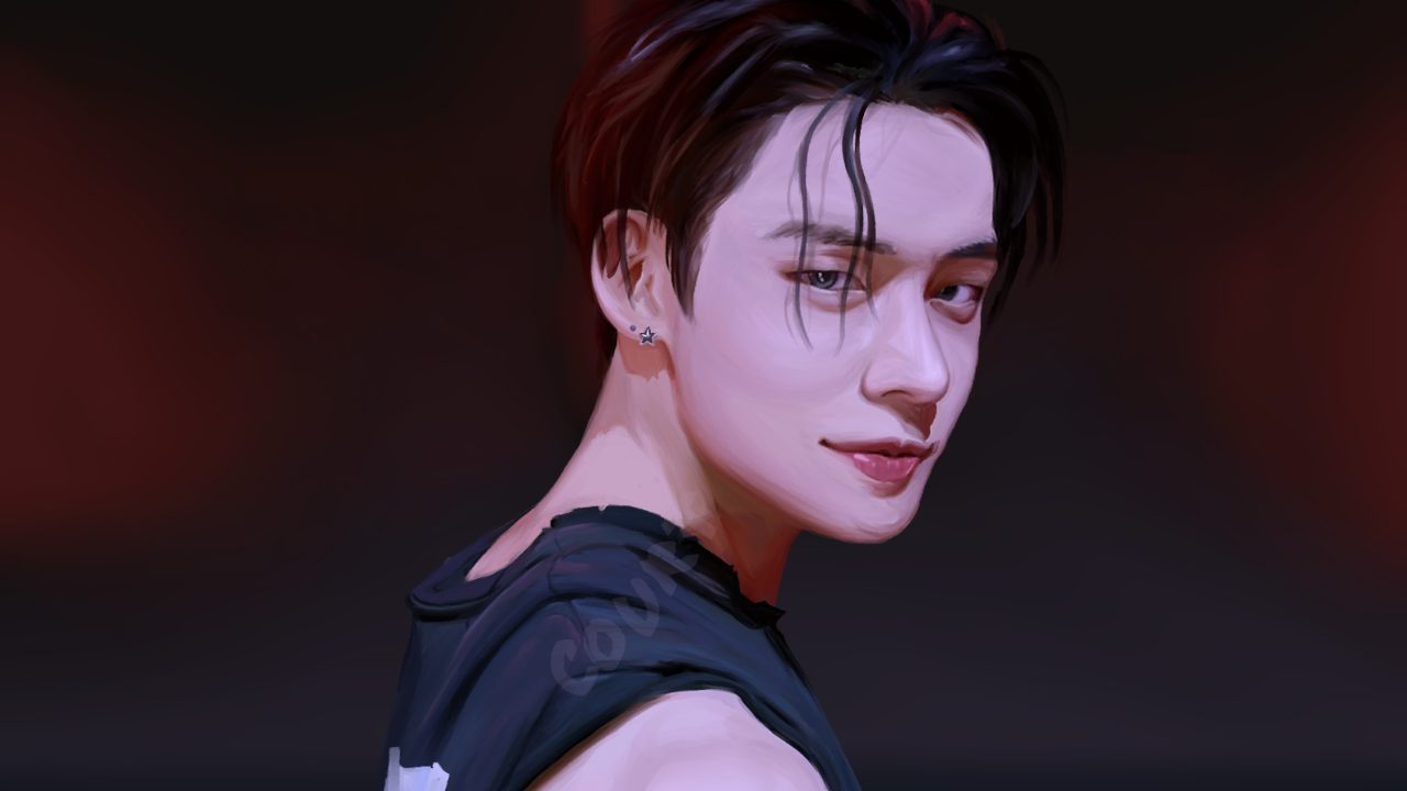  A digital drawing of Choi Yeonjun of Tomorrow by Together, an Asian man looking towards the viewer and winking. The man has dark hair with two strands falling forward into his face, and he wears a sleeveless navy blue shirt. The background is dark brown.