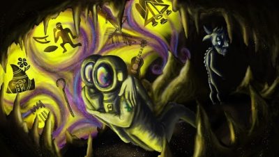  A digital drawing by Mayali Clary of a cave with two astronauts in suits hugging each other. Behind them in the dark is a demon or monster. In front of them, in a yellow and purple light, is a shepherd's hook, a ukulele, a spaceship, two crossed arrows, a human figure kneeling on one knee near a football-shaped item, and a shark fin-shaped home with a door and a flower growing out of the top.