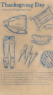 A digital drawing by Sarah Fox in the style of a vintage sewing pattern. Blue text and imagery is overlaid on a tea-brown background. Up top, text reads "Thanksgiving Day: A Pattern for Thanksgiving Success." Below that are sketches of a turkey, mid-meal nap supplies, gravy boat, sweatpants, silverware, and pie. At the bottom are descriptions to correspond with each sketch.