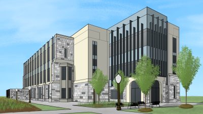  A digital drawing of the New Classroom Building at Virginia Tech by Marty Hanapole. The building is three stories tall with Hokie Stone on the bottom level and glass and steel on other parts of the building. The sky visible is blue, the grass is green, and there are four small trees in the drawing.