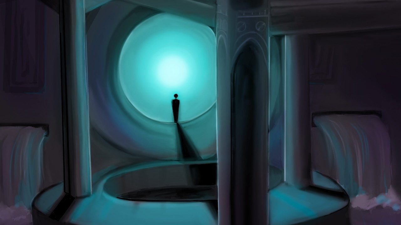   A digital drawing by Renn Kennedy of a big room with three stone columns surrounding a large hole in the middle of the room. On either side, two small water features pour water into the room. In the middle of the back wall is a large circular door with a blue light shining through it. In the middle is the dark silhouette of a lone figure. The drawing using lots of dark and cool colors, and makes the space feel like something out of a video game or scifi movie.