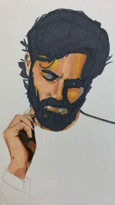  A marker sketch by Connell Kou of Penn Badgley, a white man with medium length dark brown and beard. The man is looking down and his right hand is raised near his face.