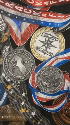  A drawing done in conte pencils by Kaitlyn McNutt of several medals for various achievements, like a 1960 Passaic County, New Jersey Coaches Association and a Big North Conference.