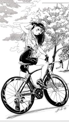  A black and white digital drawing by Sai Krishna Pavan Suryatej Meda of an Asian girl with long black hair sitting on a bike, one leg is standing on the ground, the other is propped up on a pedal. She looks coyly back to her right and flips hair over her right shoulder. She wears a light colored shirt and dark bike shorts and gloves.