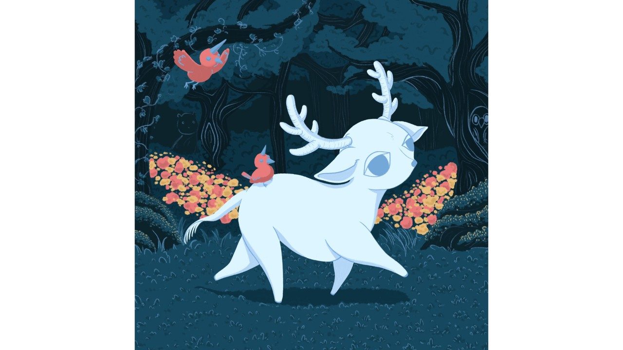  A digital drawing by Michelle Shin of a white deer with white antlers and big blue eyes walking though the forest. Behind it are trees and pink and orange flowers or leaves. A pink bird sits on the deer's back.