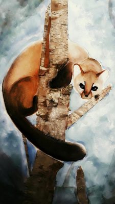  A watercolor and colored pencil work by Izzy Vasquez of an American marten, a reddish-brown weasel with a dark tail, light rounded ears, and big dark eyes. The marten is perched in a tree with a snowy white-grey background.