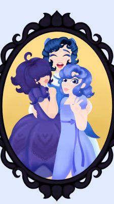  A digital drawing by Lahjae White-Patterson of three white women with purple-blue hair wearing dresses of varying shades of purple against a yellow background, and framed in an ornate black illustrated on a periwinkle background.frame