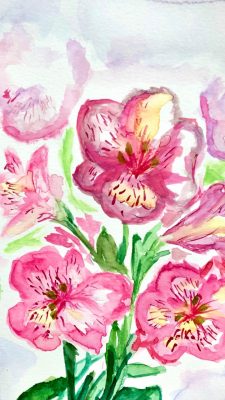  A watercolor painting by Marina Yingling of a bouquet of delicate pink flowers.