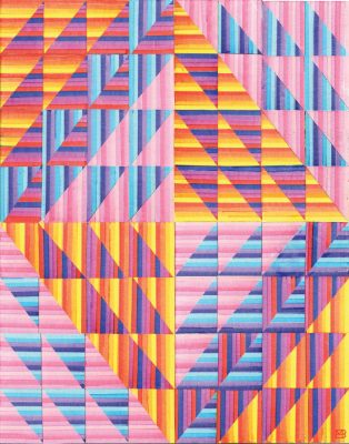 A graphic marker collage by Maria Behnke. Four large rectangles made up of 16 smaller rectangles. Each small rectangle is made up of two of four types of striped triangles: varying pink stripes; varying blue and purple stripes; varying orange and yellow stripes; and purple, blue, and red stripes. The triangles are blocked so that the very center is a small diamond shape, which is repeated larger and larger to the edges.