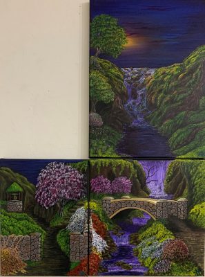  An triptych of acrylic paintings by Anne K. G. Bazilwich. The works form a backwards L shape when grouped together a depict a garden at night with wandering dirt paths, stone walls and bridges, flowering trees and shrubs, a stone well with a moss-covered top, lots of lush greenery, a gentle waterfall, and the orange moon peeking behind a tree on a hill and the cloud cover of the night.