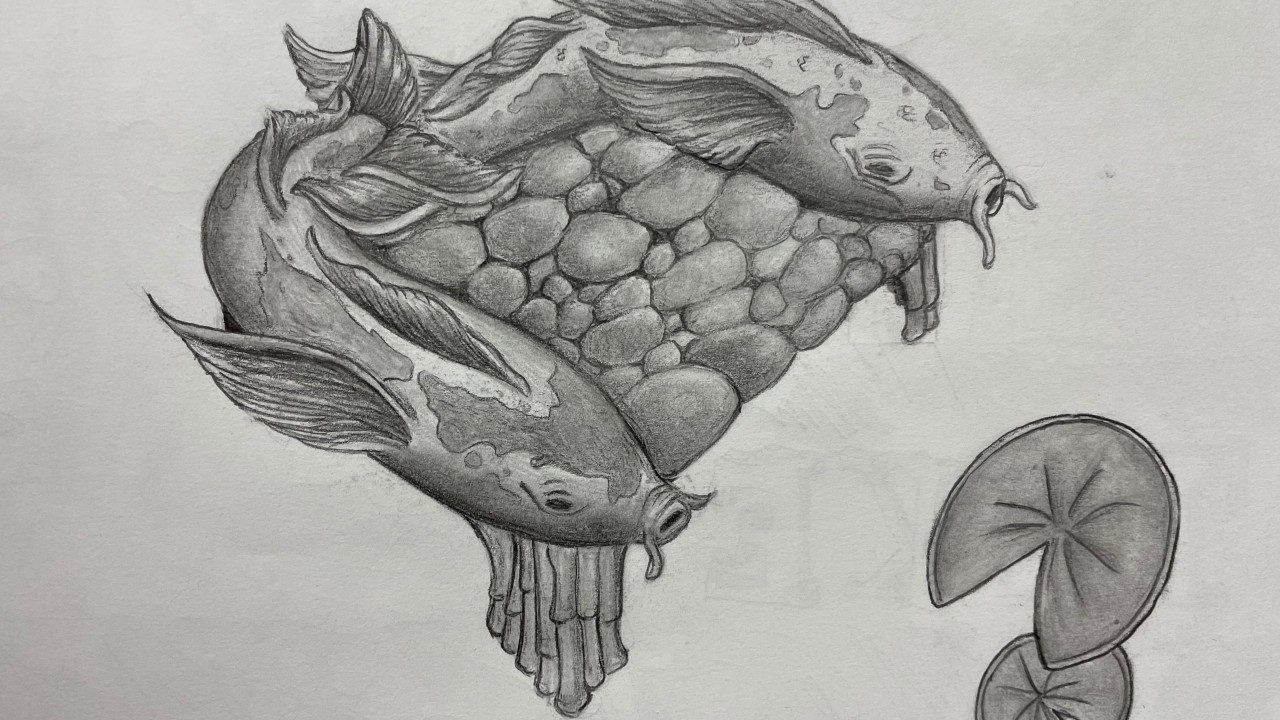  A graphite drawing on white paper of two koi fish with their tails intertwined, and a bed of rocks between their bodies. The fish bodies form the chair arms and back, while the pebbles form the seat. Nearby are two lilly pads.