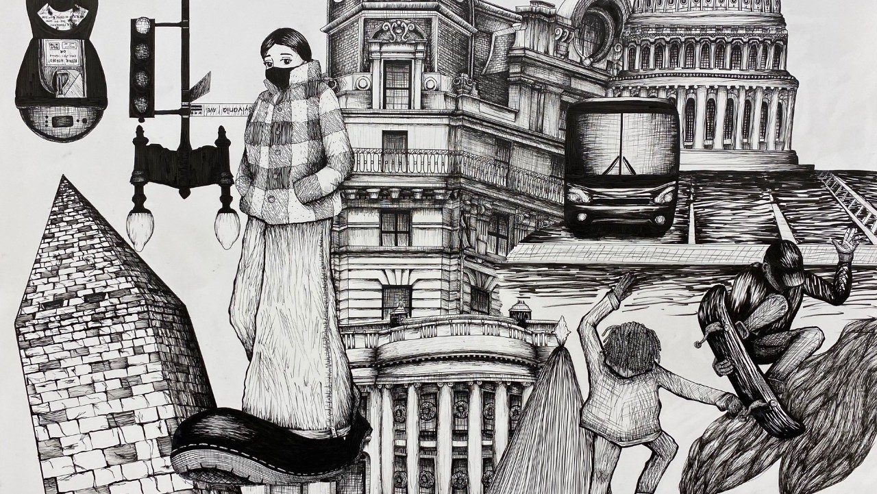 A black and white pencil and MICRON pen drawing by Iris Castro of several notable buildings and structures in Washington, D.C., people skateboarding, a woman with dark hair wearing a black face mask, a black and white buffalo check coat, and long wide-legged pants. The images are separate but overlapping, like a collage.