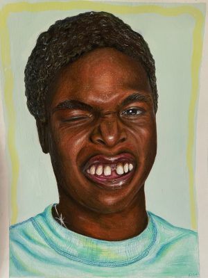  A colored pencil, marker, and gouache work by Kate Coli of a young Black man in a blue-green T shirt with short natural hair. He is winking and exposing his teeth. He has a large gap between his front two teeth.