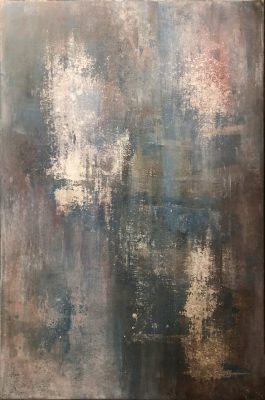  An abstract acrylic painting by Yoni Comhaire that features varying tones of brown and grey, as well as some hits of dusty blue, light pink, and off-white.