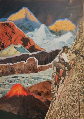  A collage by Marina Eichenberger. In the foreground, on the right side, is an image of a white man with medium length dark brown hair climbing a rockface. On the left are various mountain scenes: an erupting volcano, ice-capped mountain ranges, ridges from the American southwest, and more. The starry night sky is visible behind them all.