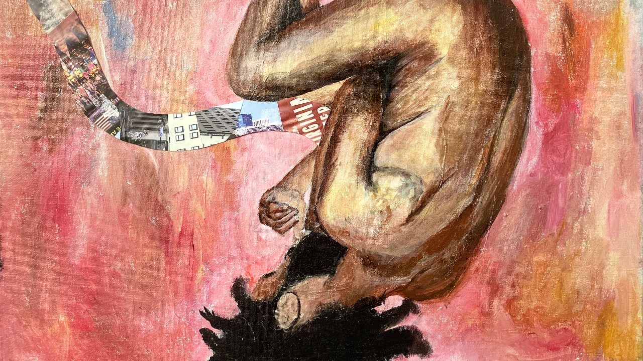  An acrylic painting by Rodney Godfrey Jr. of a nude Black man with medium length dreads and beard curled up in the fetal position. His head is towards the bottom of the frame with his back facing out. Leading towards him is a ribbon of images which seems to disappear into his stomach. The background is pinky orange.