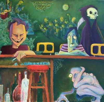  An acrylic and oil painting by Anderson Huband. The view is from behind a bar, looking out towards the customers. Sitting at the bar, from left, is a man with a wide evil grin and a missing tooth holding a cigarette, and a green Frankenstein-like person in a lilac and purple striped shirt. Standing behind him is the grim reaper with a scythe over his shoulder. A rock band plays behind the evil smile man, with a crowd of green people in a mosh pit behind the Frankenstein-like person. Under the bar is a line of bottles, a stool with a red seat, a spiderweb, and a pale naked demonic being crouched down and peeking with one eye.