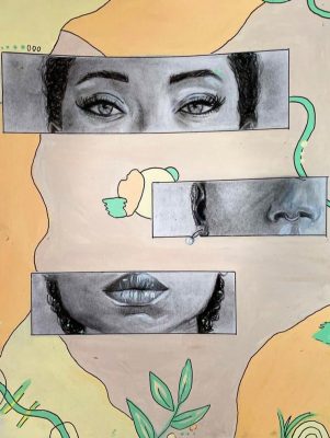  An acrylic paint and charcoal work by Natasha Iannuzzi. The background is abstract with blocks of color, pale yellow, light orange, and pale mauve. Green vines and leaves are scattered overtop at random intervals. In the foreground are three horizontal rectangles, each featuring charcoal drawings of parts of the artist's face. The rectangles are offset from the midline, the top and bottom ones are slightly to the left, and the middle one is slightly to the right. The top rectangle features a woman's light colored eyes, full eyelashes, manicured brows, and dark hair pulled back. The second rectangle features the woman's nose with a round septum piercing, and her right ear, with a small hoop earring with a small gem at the bottom of the hoop. The earring appears to rest on the frame of the rectangle and extends a bit beyond the frame. The bottom rectangle features a woman's full lips and chin.