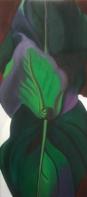 An oil painting by Alyssa Kennett of Canna leaves, which fill nearly the entire frame. The leaves are dark green, light green, a purpley-grey.