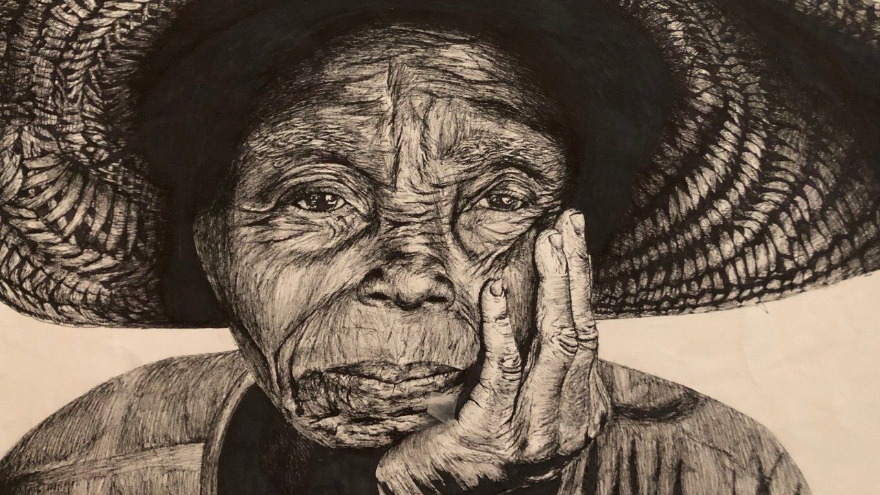  A sepia-toned drawing done in black pen and Sharpie by Riley Leathem of an old Black woman wearing a large straw hat and resting her chin in her hand. Her face is heavily lined and she gazes forward.