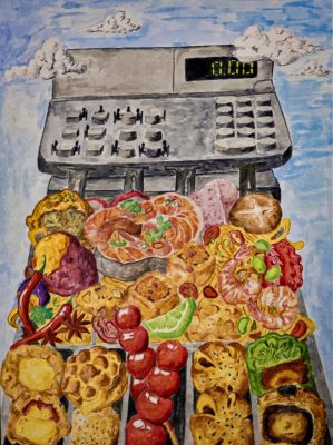  A surreal watercolor by Alice Lin of a large cash register in a blue sky with scattered clouds. The drawer is open, and an assortment of Chinese foods are in the slots, especially baked goods that the artist's mom makes.