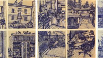 A series of square ballpoint pen drawings by Egor Lukiyanov depicting exterior views of buildings and interview views of rooms.
