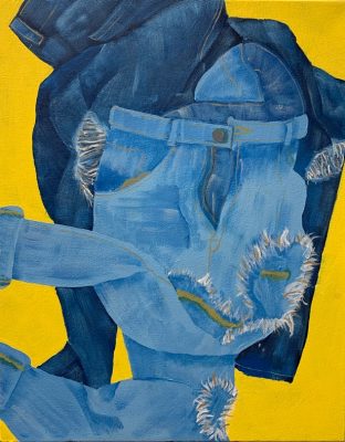  An acrylic painting of two or three pairs of ripped jeans piled, as if dropped on the floor after being removed. The pair on top is a lighter wash, and the one or two pairs on the bottom are a darker wash. The ligher pair is cuffed at the ankles and the ripped edges are frayed. The background of the work is a bright yellow.