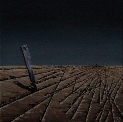  An acrylic painting by Zack Risdon. The top part looks like a dark sky, with black fading down to a dark grey as the sky meets the horizon. The ground is lined dirt, like something has made scratches in the ground all over the visible area. Towards the left of the canvas is a grey-brown fencepost or piece of wood that is sticking up from the ground. There is a circle missing from the top of the board, and a light source is casting a shadow of the board and the hole behind it. In the distance, on the horizon line, is the small silhouette of another board or fence post in the distance.